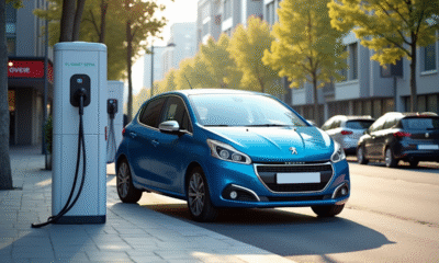 Voiture électrique Peugeot 208 dans une rue urbaine en journée